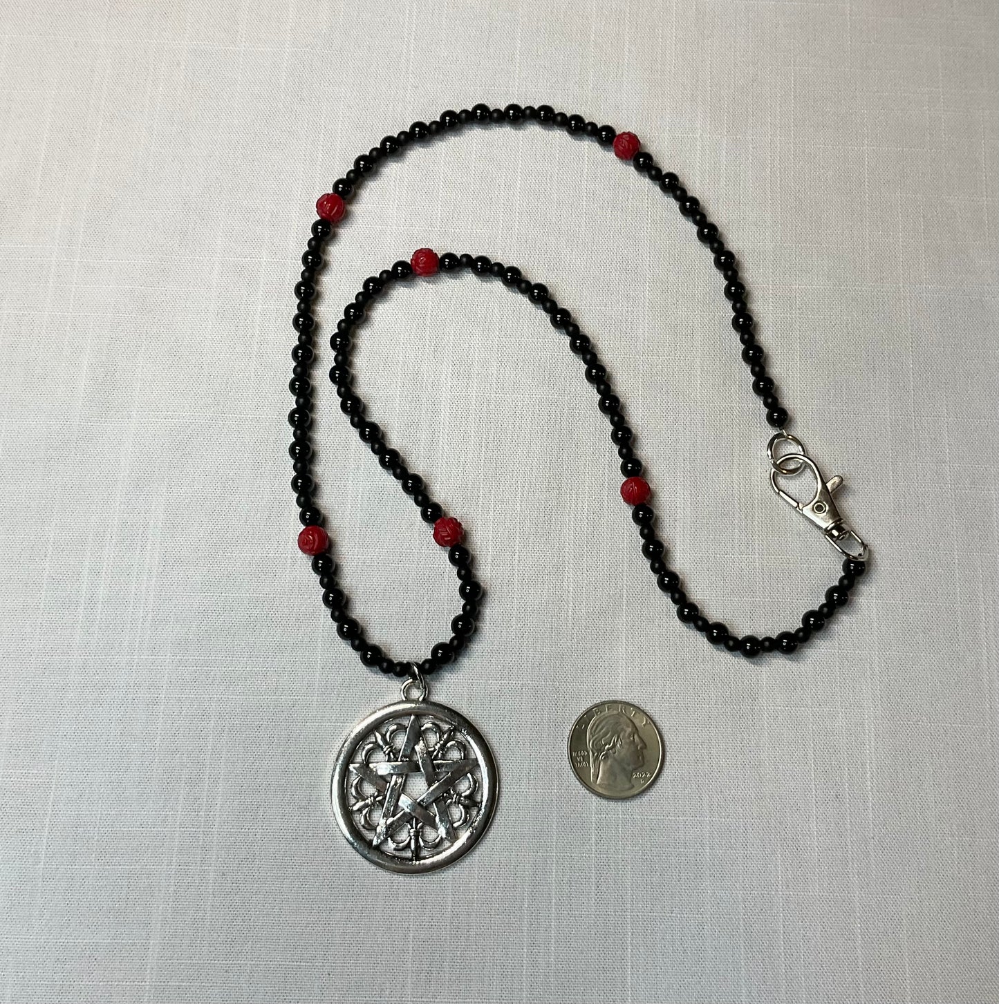 Pentacle Necklace with Red Coral Rose Beads and Black Beads