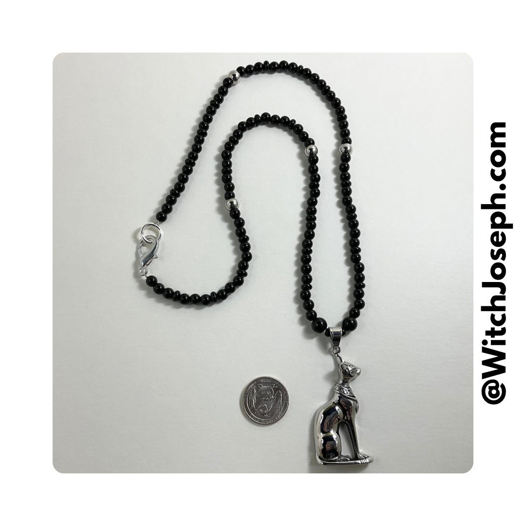 Bastet Goddess Talisman Necklace with Steel Accent Beads