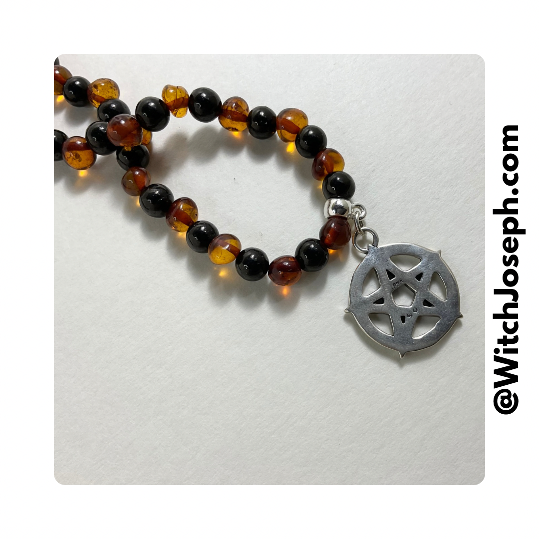 Baltic Amber and Jet with Sterling Silver Pentacle and Accent Beads