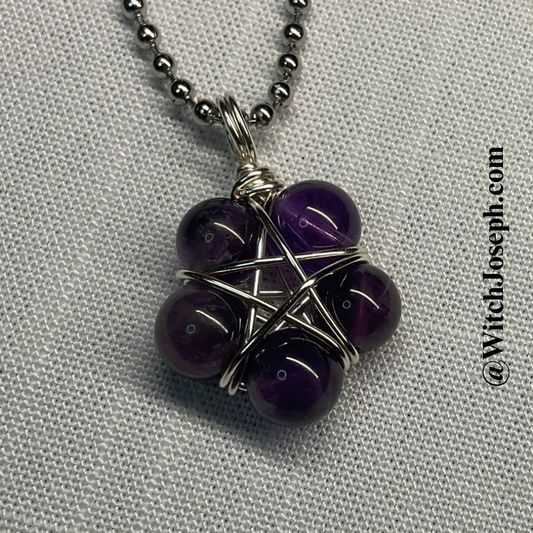 Amethyst Bead Wire Wrapped Pentagram Charm Necklace