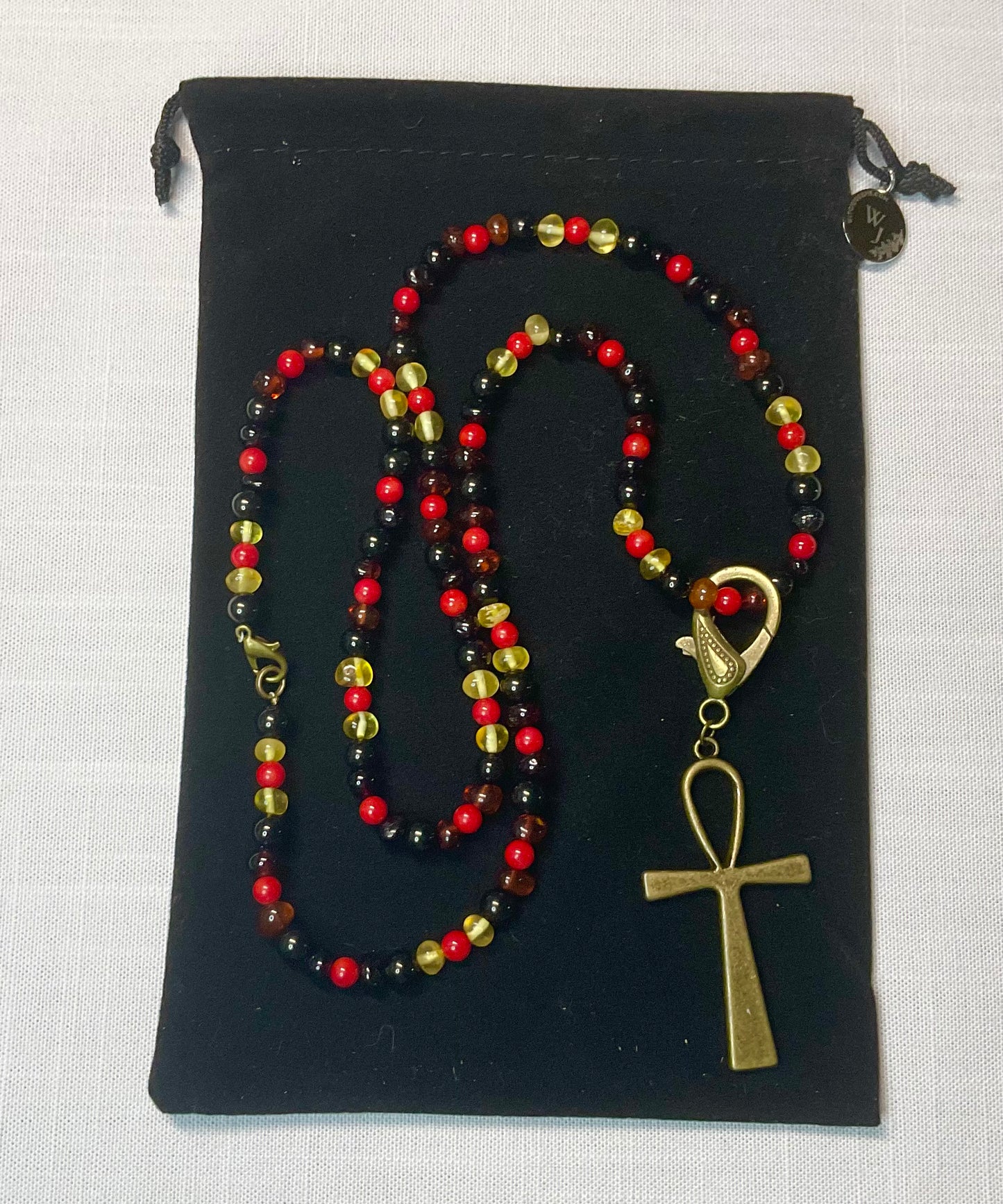 Baltic Amber, Russian Jet and Red Coral Necklace, with Bronze Tone Ankh