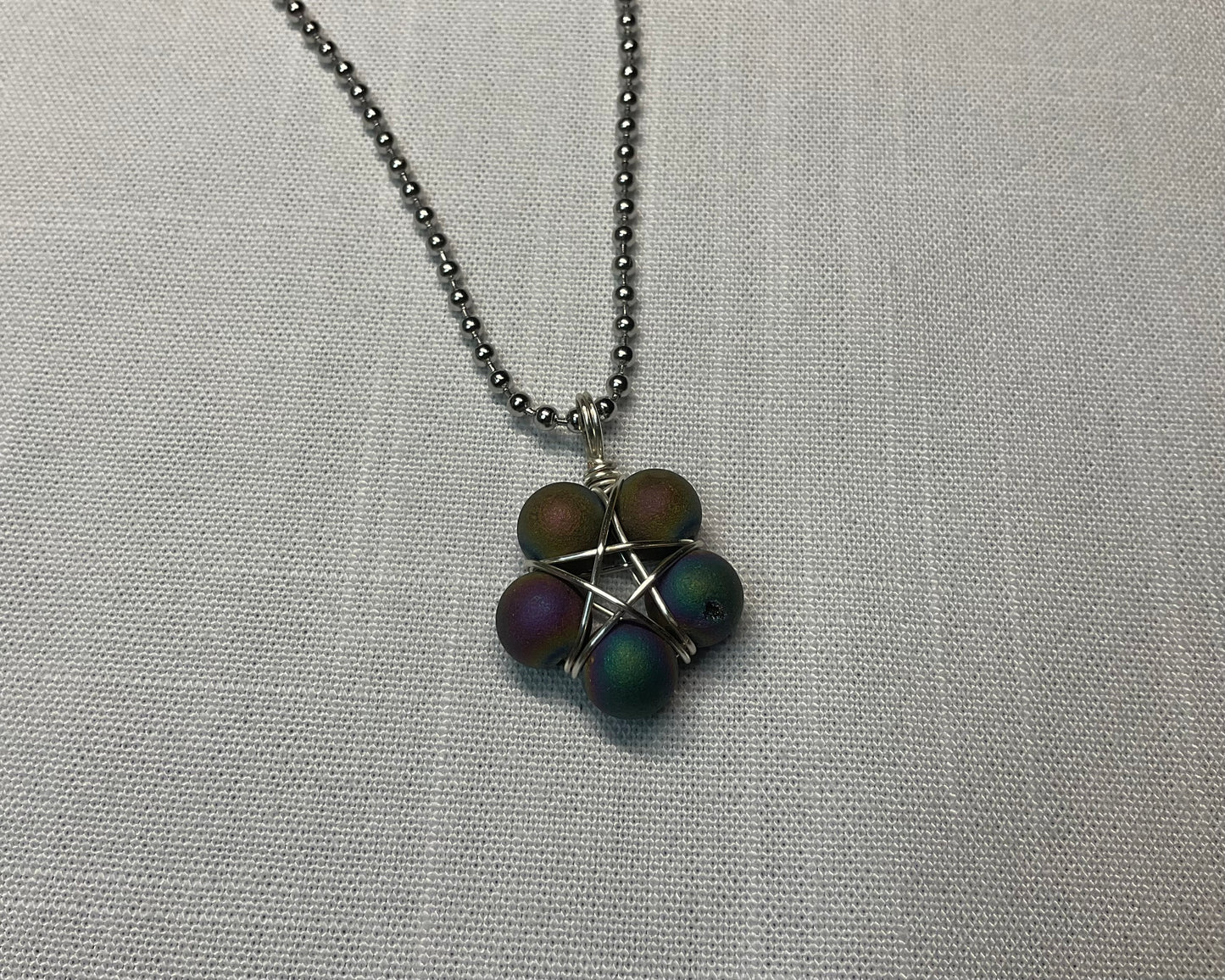 Druzy Agate Bead Wire Wrapped Pentagram Charm Necklace