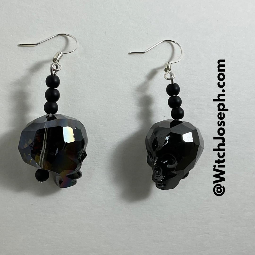 Faceted Black Glass Skull Earrings