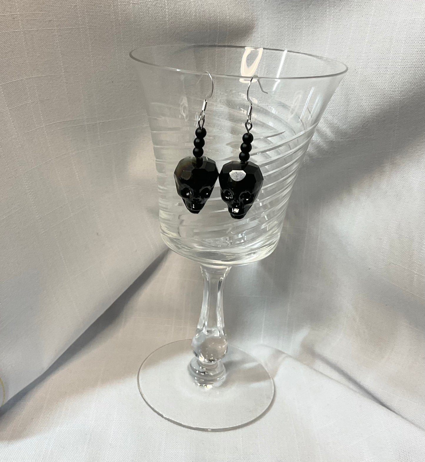 Faceted Black Glass Skull Earrings