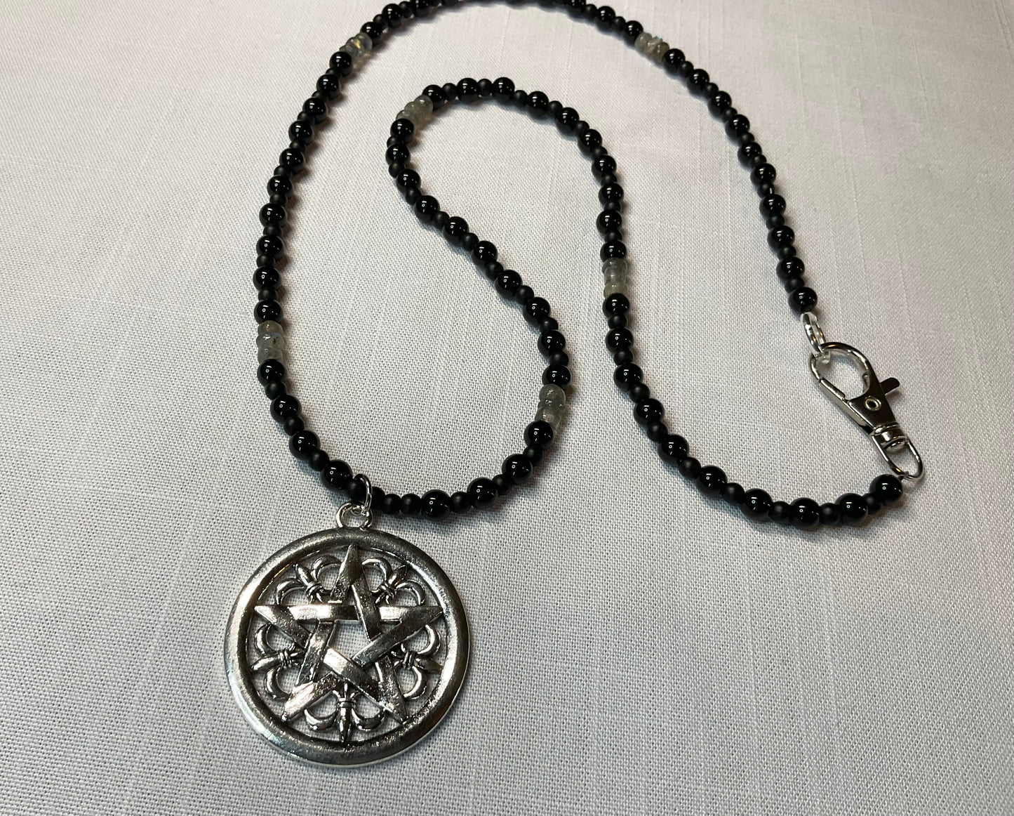 Pentacle Necklace with Labradorite and Black Beads