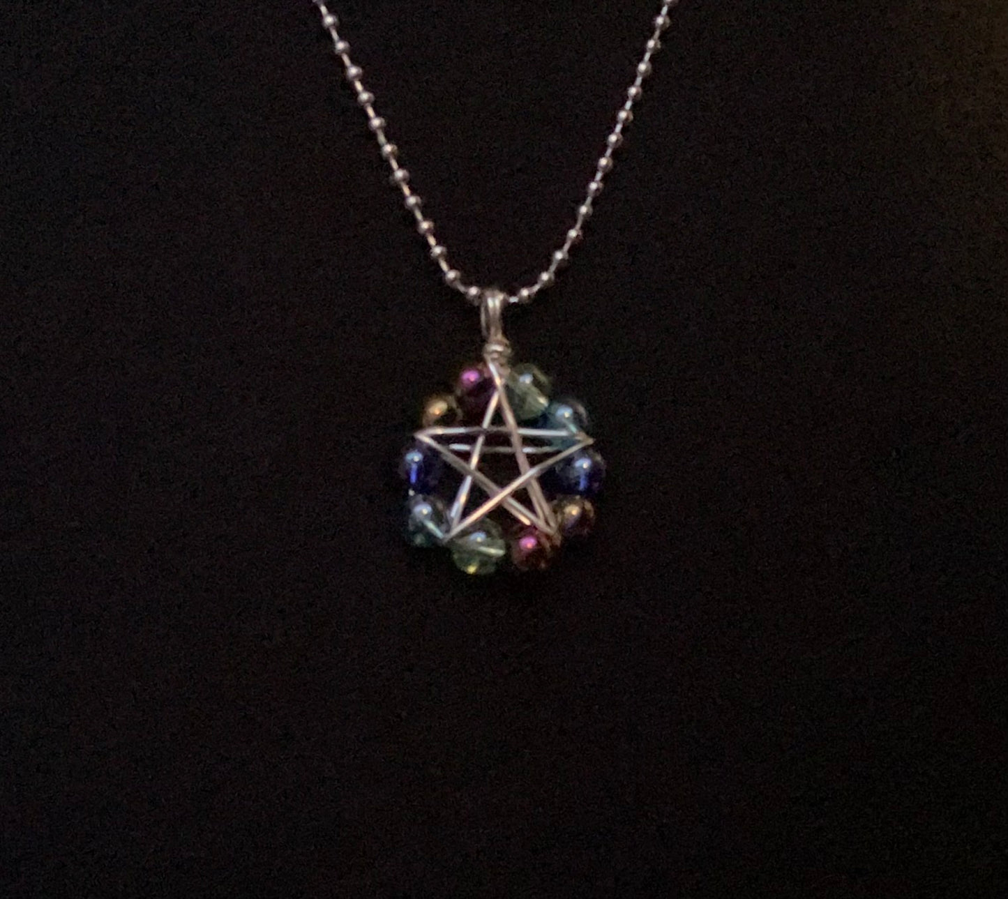 Glass Aqua Mix Beads Wire Wrapped Pentagram Charm Necklace