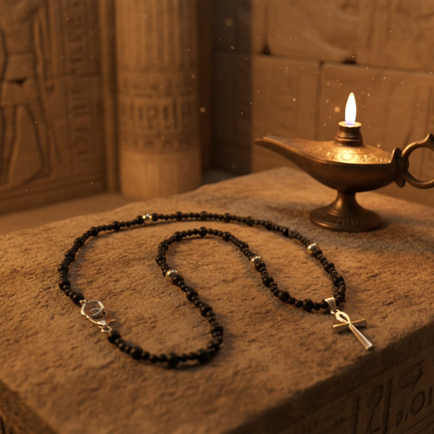 Ankh Talisman With Black Beads and Steel Accents