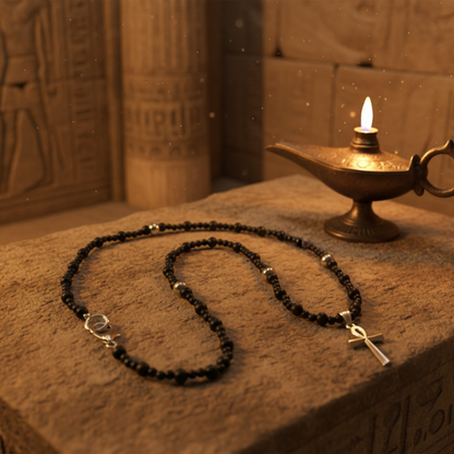 Ankh Talisman With Black Beads and Steel Accents