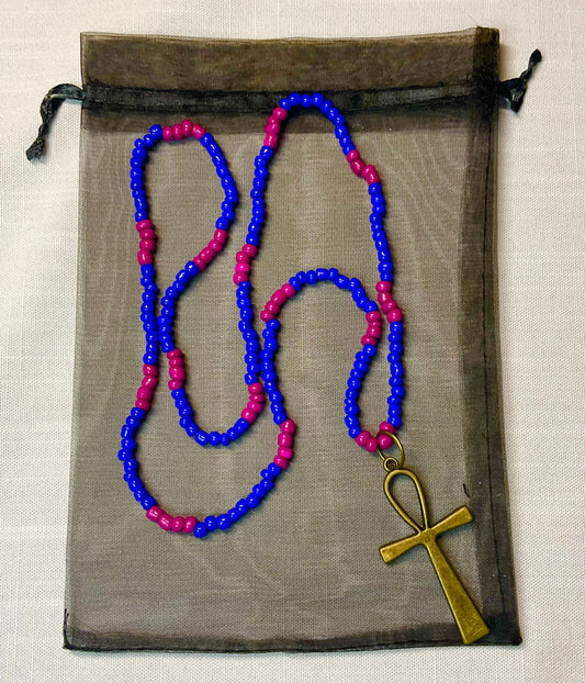 Blue and Pink Seed Bead Necklace with Ankh Pendant