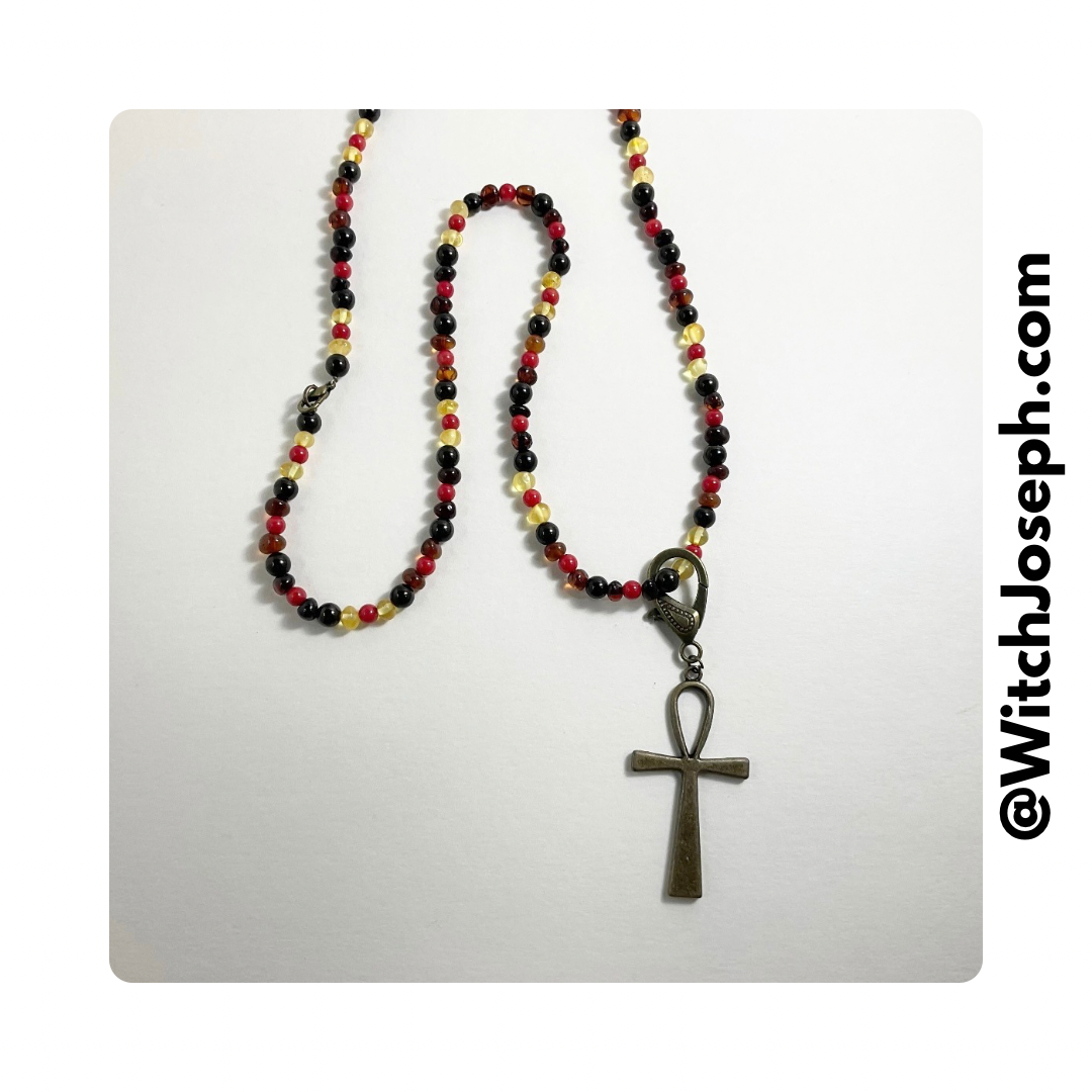 Ankh Talisman with Amber Jet and Coral