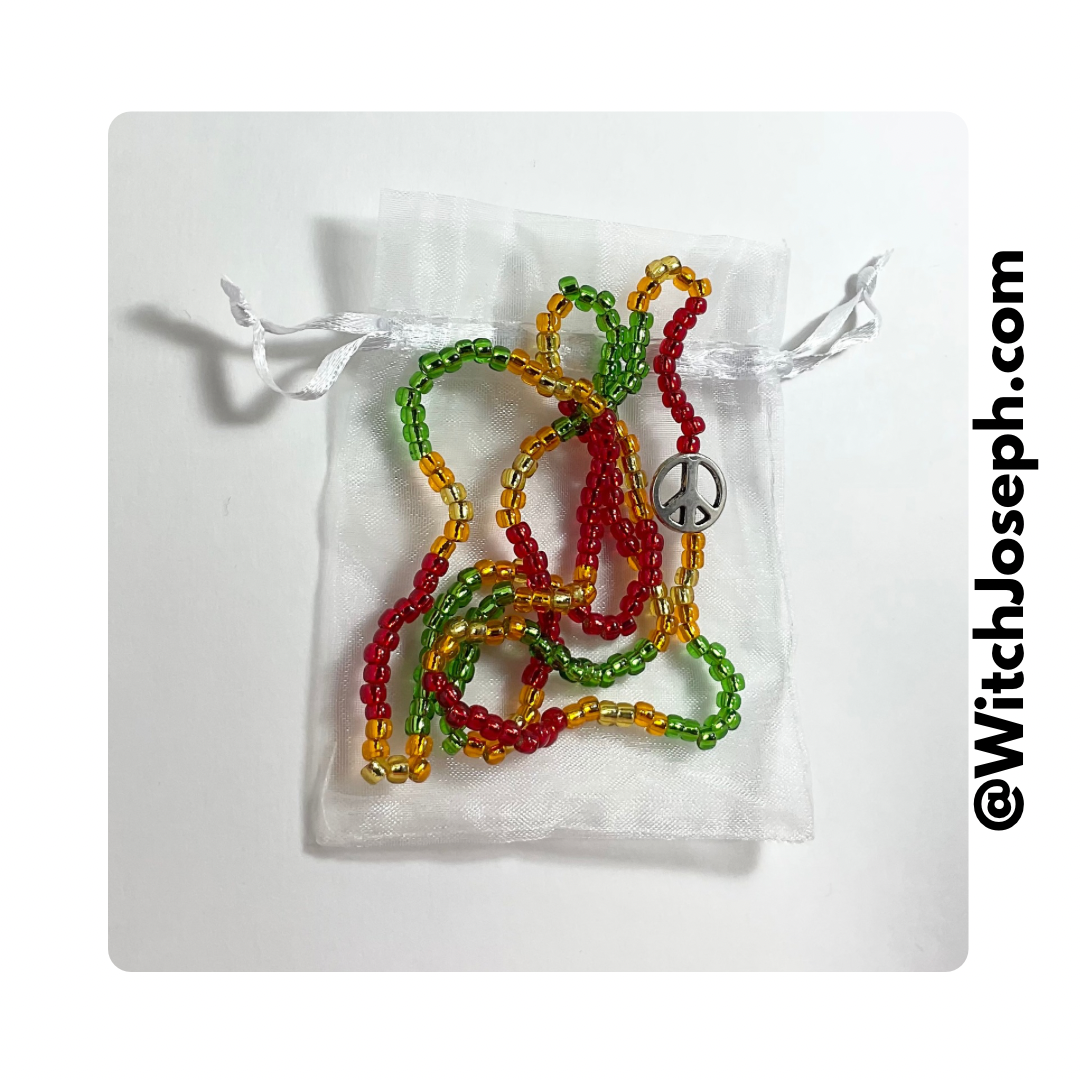 Red Gold and Green Love Beads with silver tone Peace Sign
