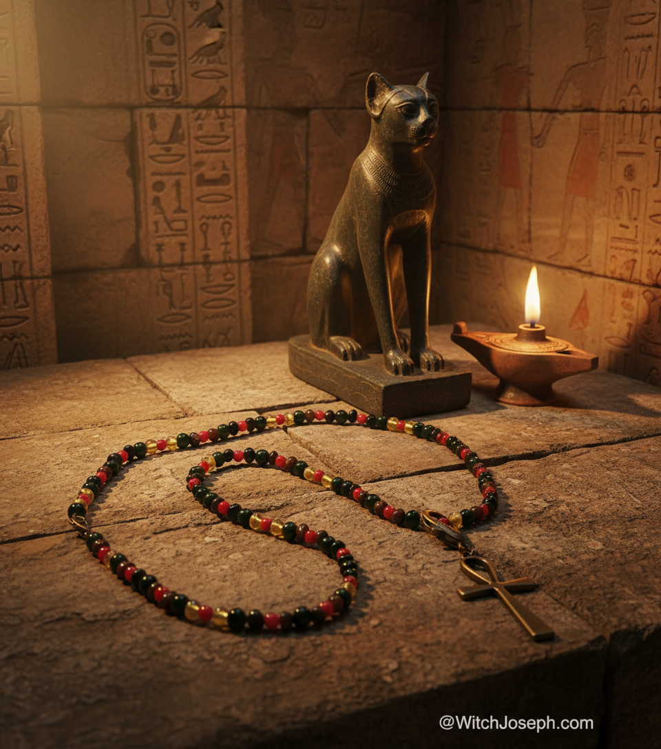 Amber and Jet Ankh Talisman with Red Coral Accents