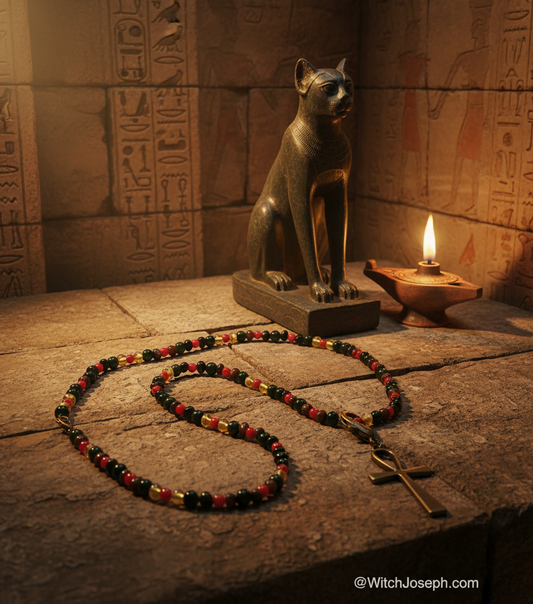 Amber and Jet Ankh Talisman with Red Coral Accents