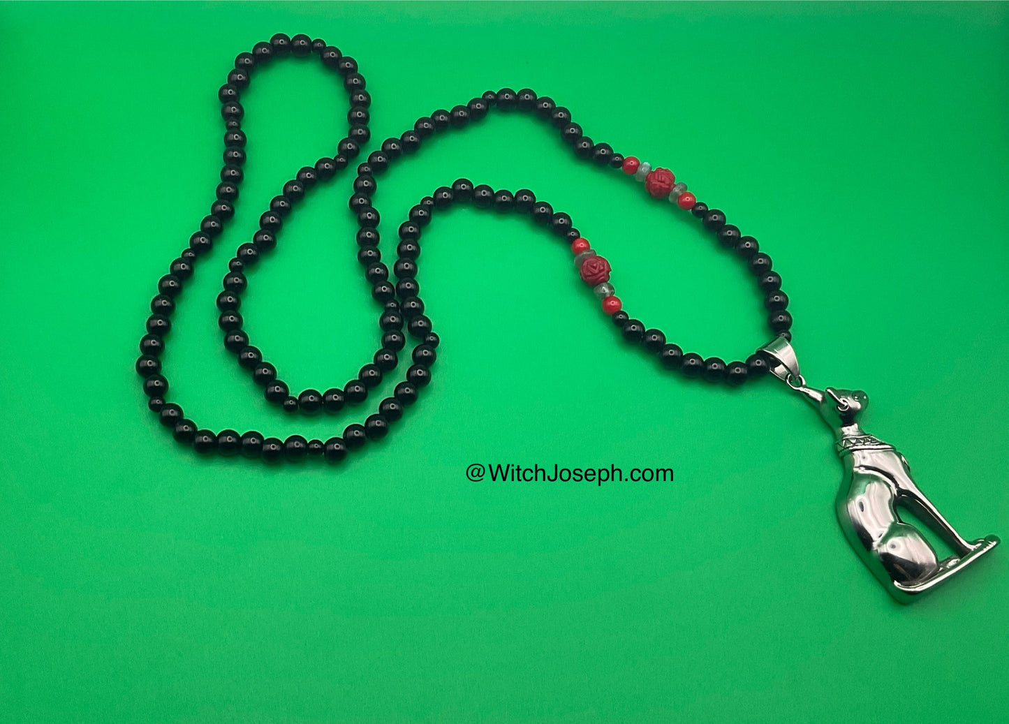 Bastet Talisman with Red Coral Rose and Labradorite Chips