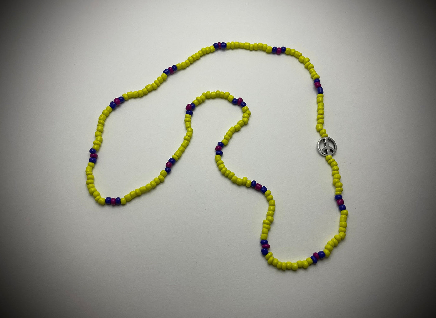 Yellow with Blue and Pink Love Beads with Silver Tone Peace Sign