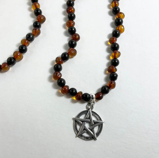Baltic Amber and Jet with Sterling Silver Pentacle and Accent Beads