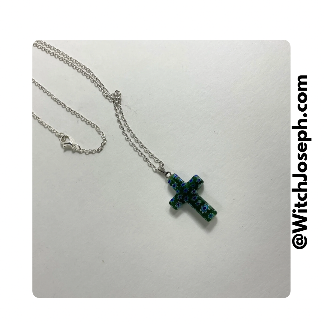 Green and Blue Floral Cross Necklace