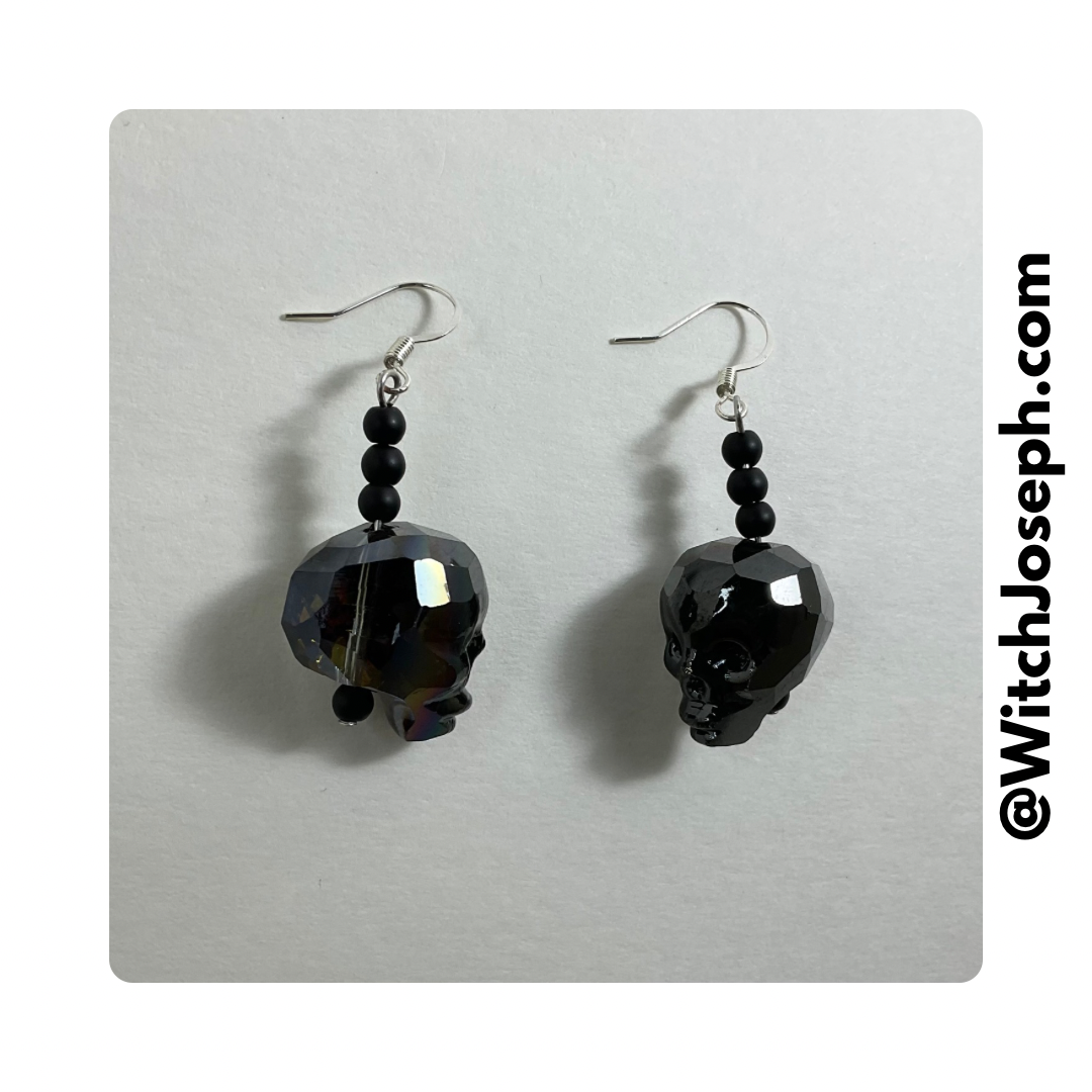 Faceted Black Glass Skull Earrings