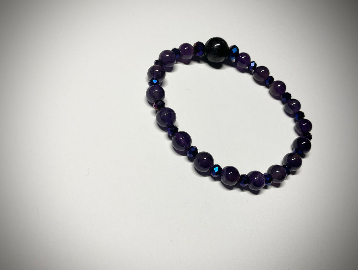 Amethyst Gemstone Stretch Bracelet with Black Tourmaline