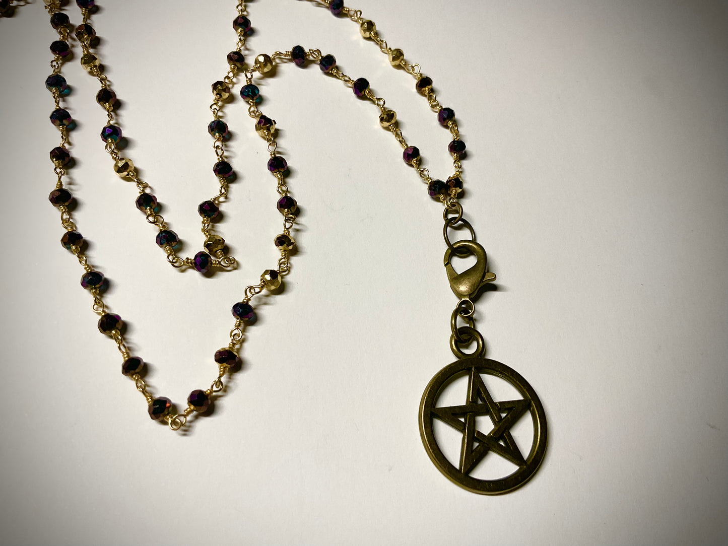 Bronze Tone Pentagram on Gold Tone Beaded Chain