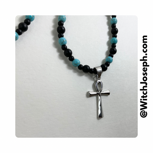 Ankh Necklace with Stainless Steel and Magnasite Accents