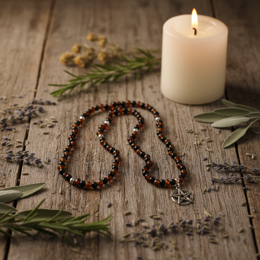 Baltic Amber and Jet with Sterling Silver Pentacle and Accent Beads