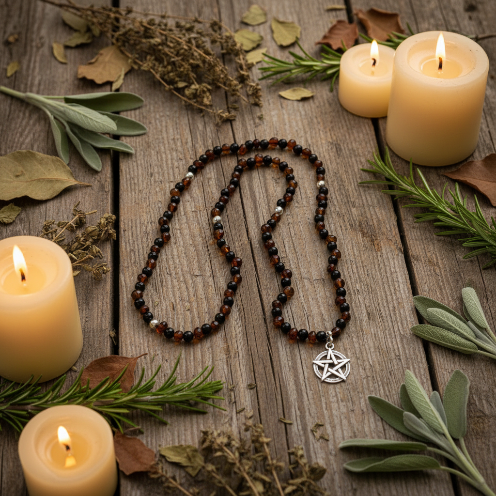 Baltic Amber and Jet with Sterling Silver Pentacle and Accent Beads