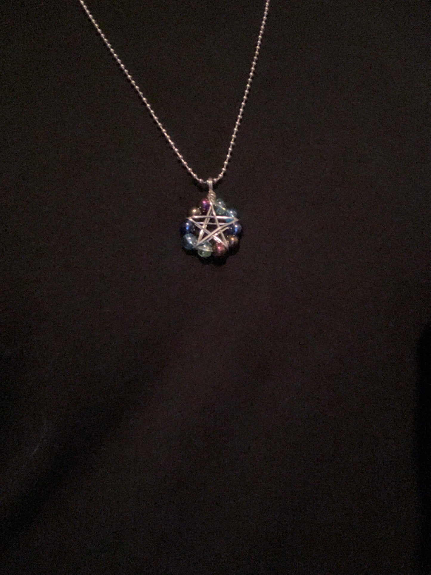 Glass Aqua Mix Beads Wire Wrapped Pentagram Charm Necklace