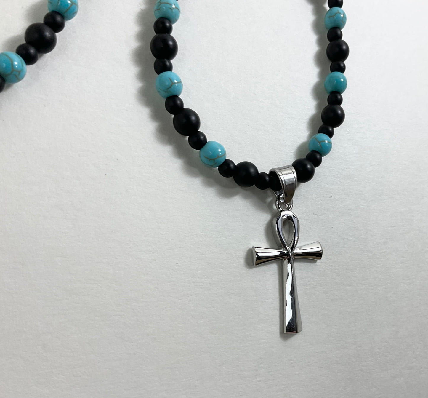 Ankh Necklace with Stainless Steel and Magnasite Accents