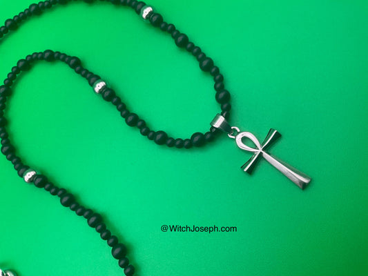 Ankh Talisman With Black Beads and Steel Accents