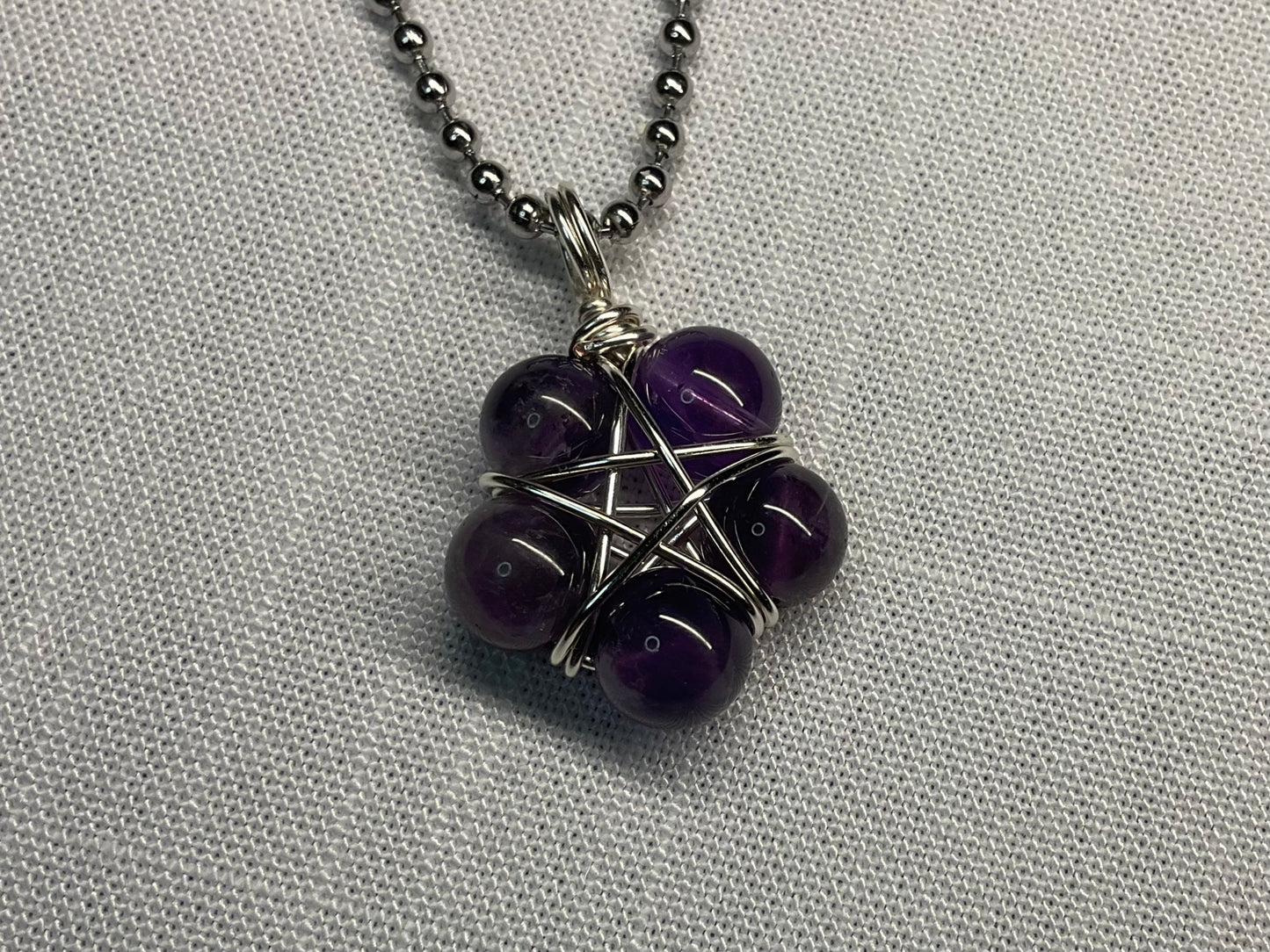 Amethyst Bead Wire Wrapped Pentagram Charm Necklace