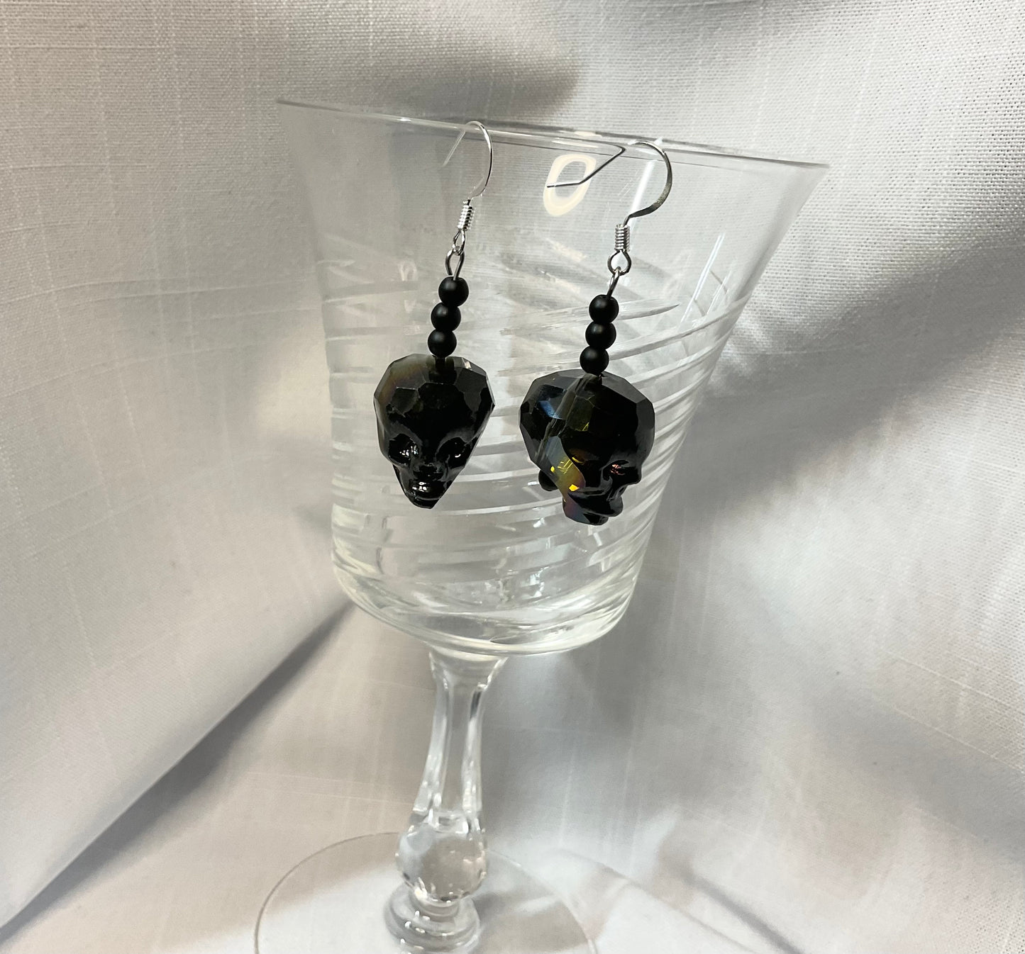 Faceted Black Glass Skull Earrings