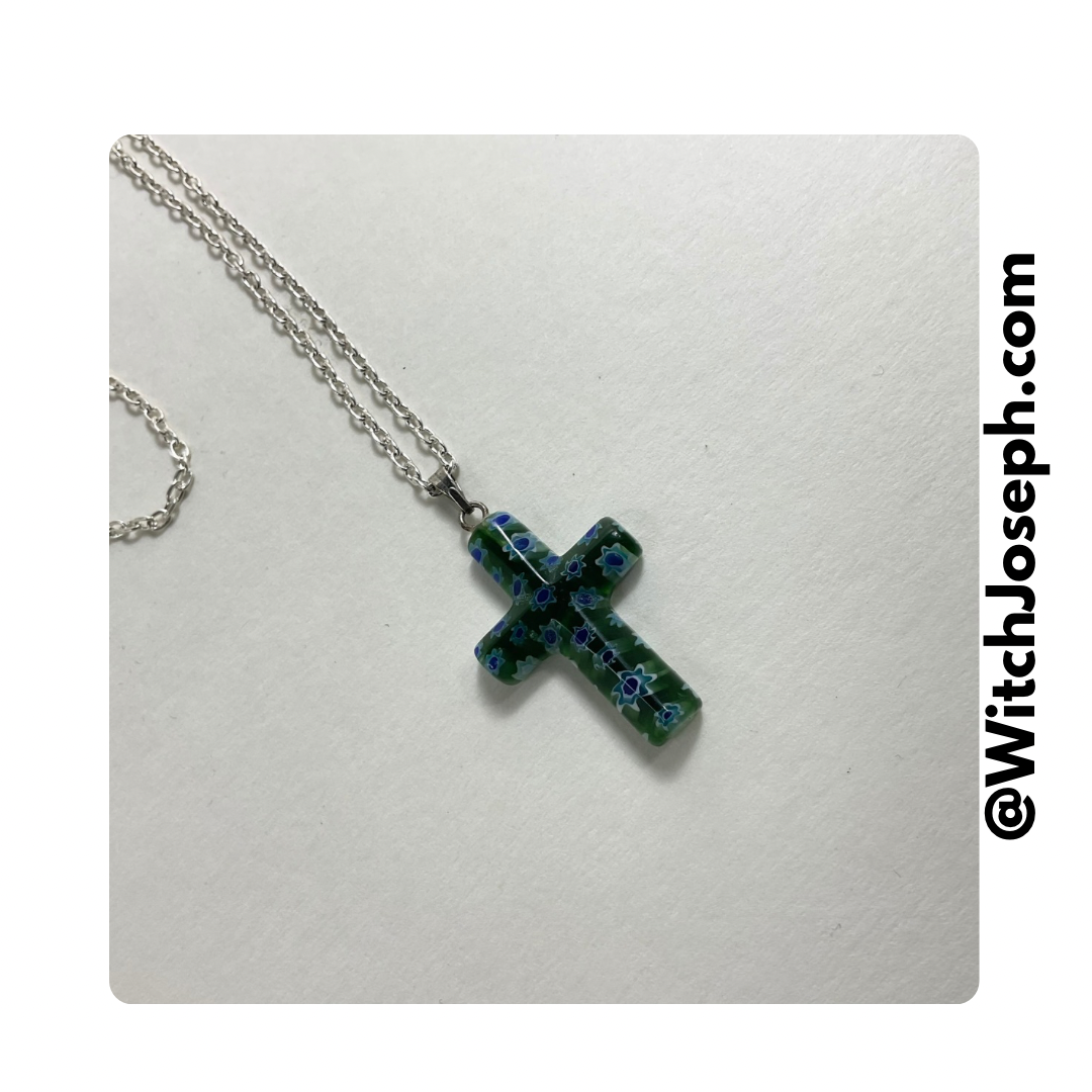 Green and Blue Floral Cross Necklace