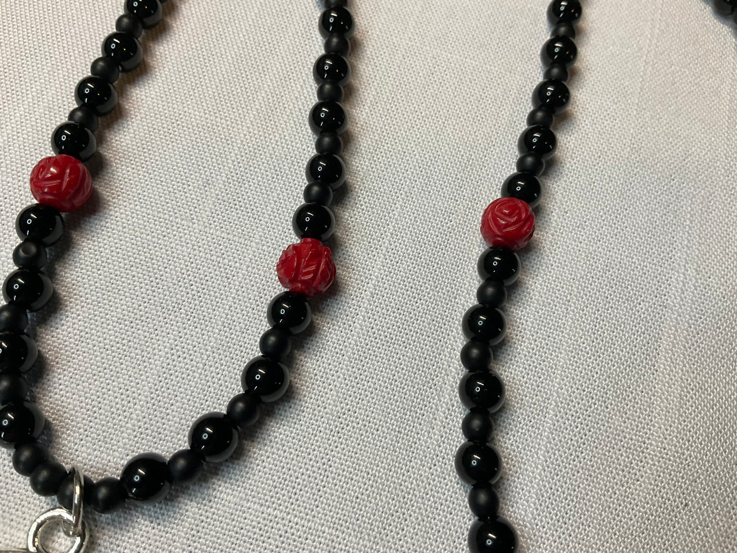 Pentacle Necklace with Red Coral Rose Beads and Black Beads