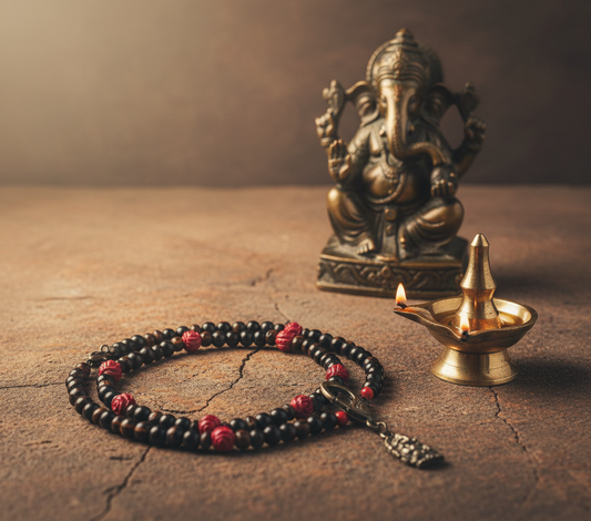 Ganesha Talisman with Amber and Jet and Red Coral Rose accents