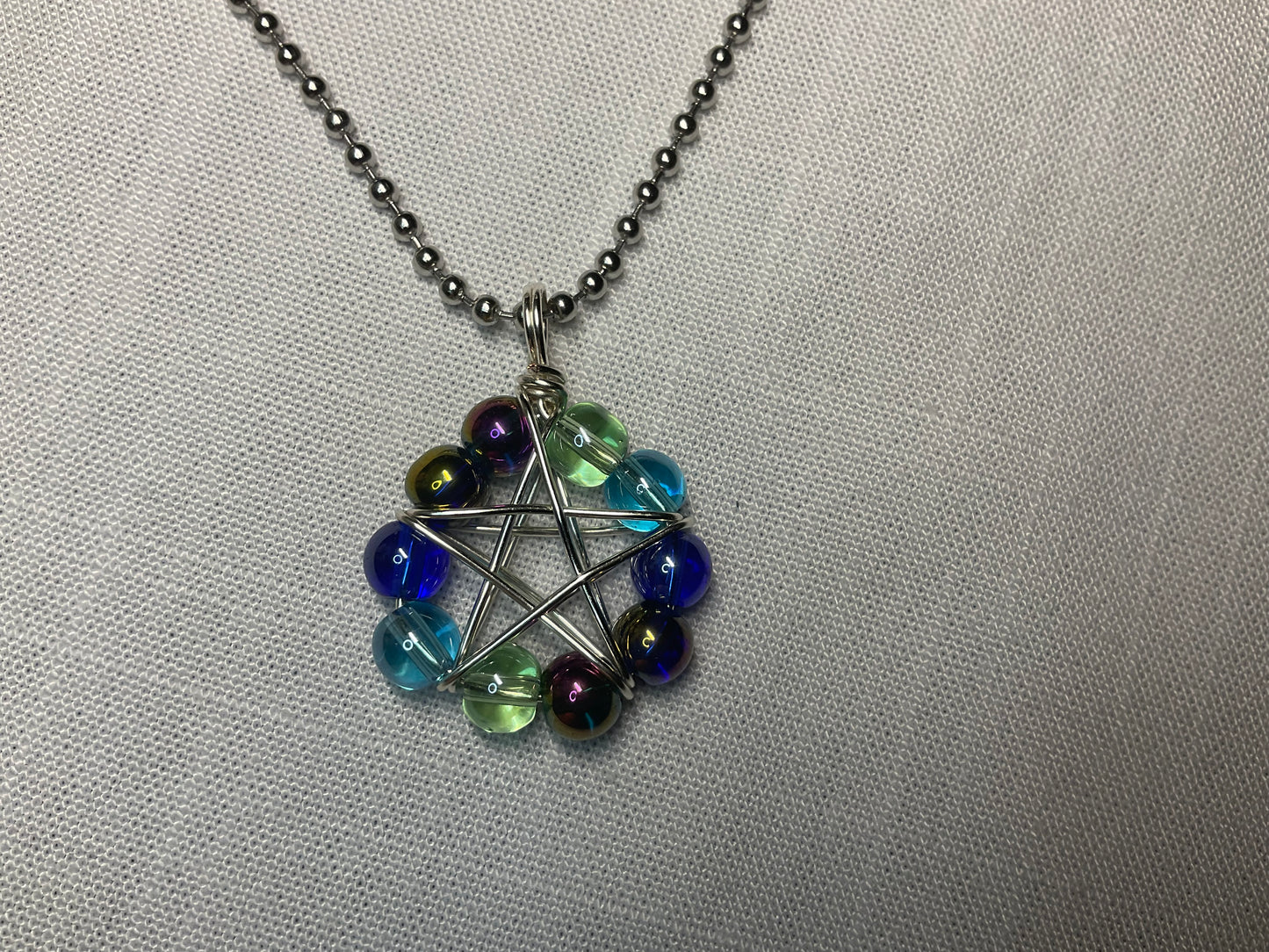 Glass Aqua Mix Beads Wire Wrapped Pentagram Charm Necklace