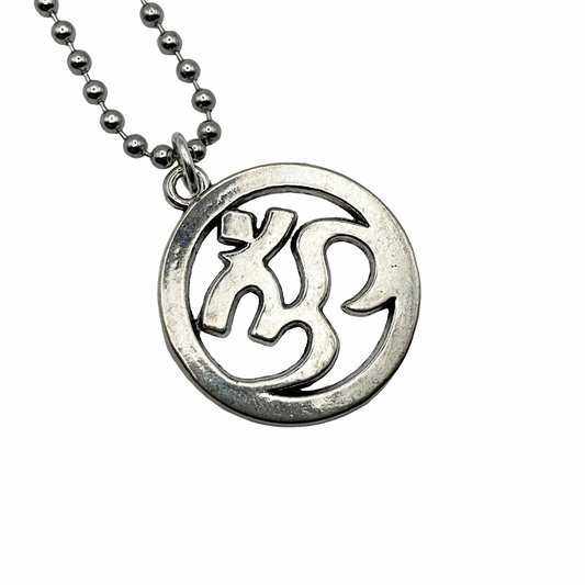 Silver tone AUM necklace on a silver tone ball chain against a white background