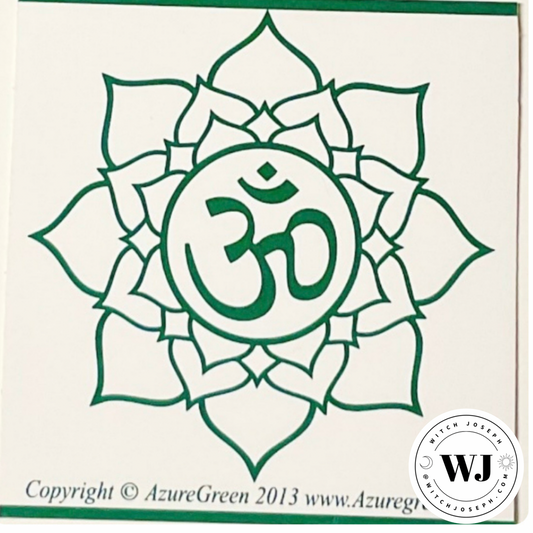 Green Om symbol inside a lotus flower on a white background with AzureGreen branding.