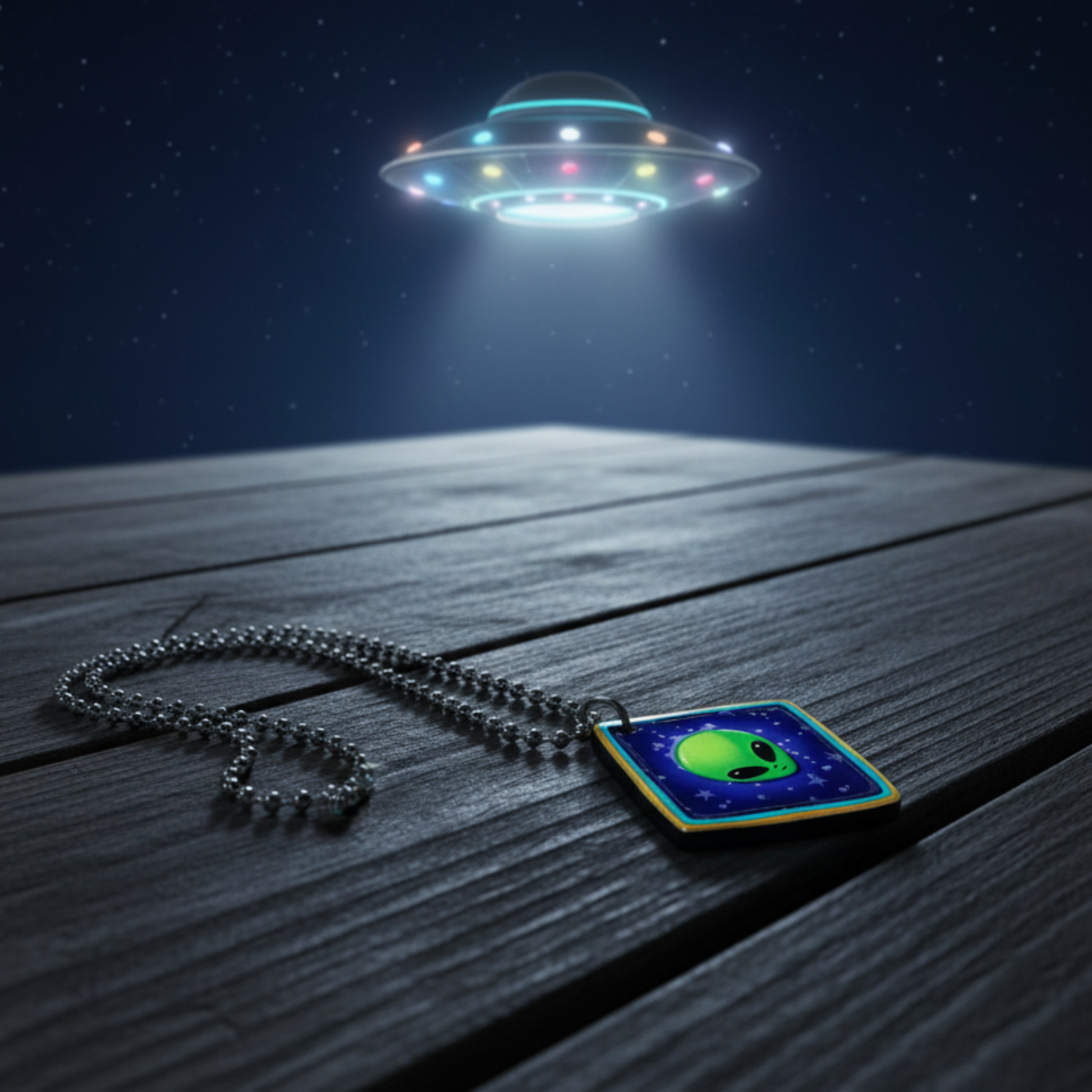 Neon green alien pendant on a ball chain displayed with a UFO hovering in the background