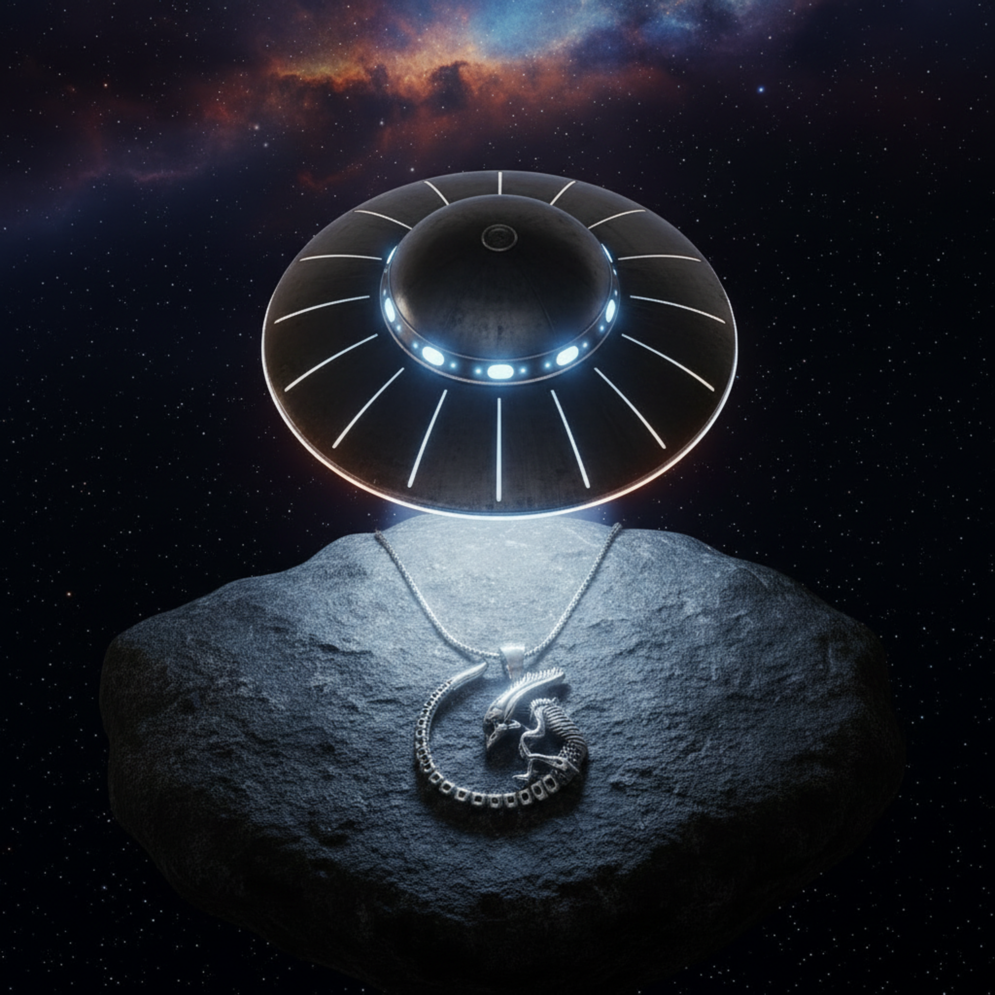 UFO hovering over a rock with a necklace featuring a alien baby monster pendant against a starry space background