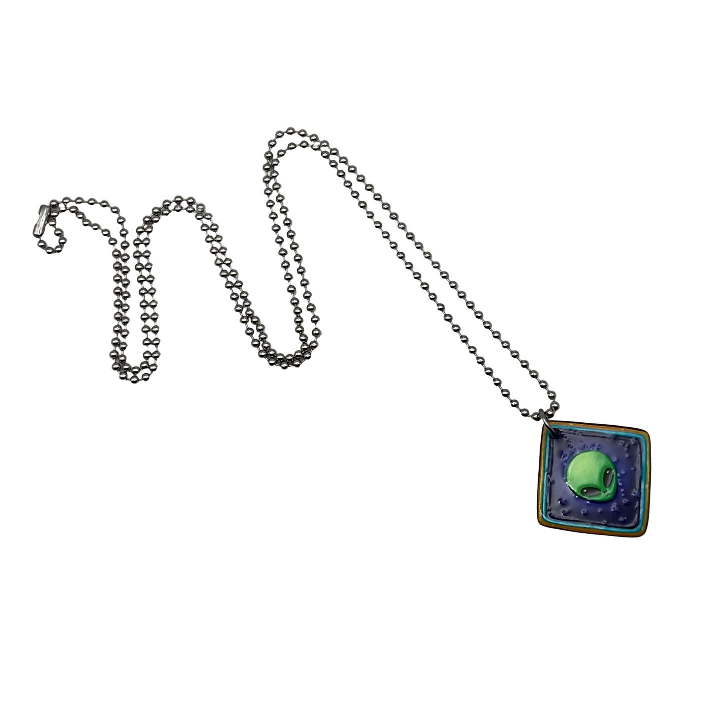 Necklace with a square pendant featuring a green Alien face displayed on a white background