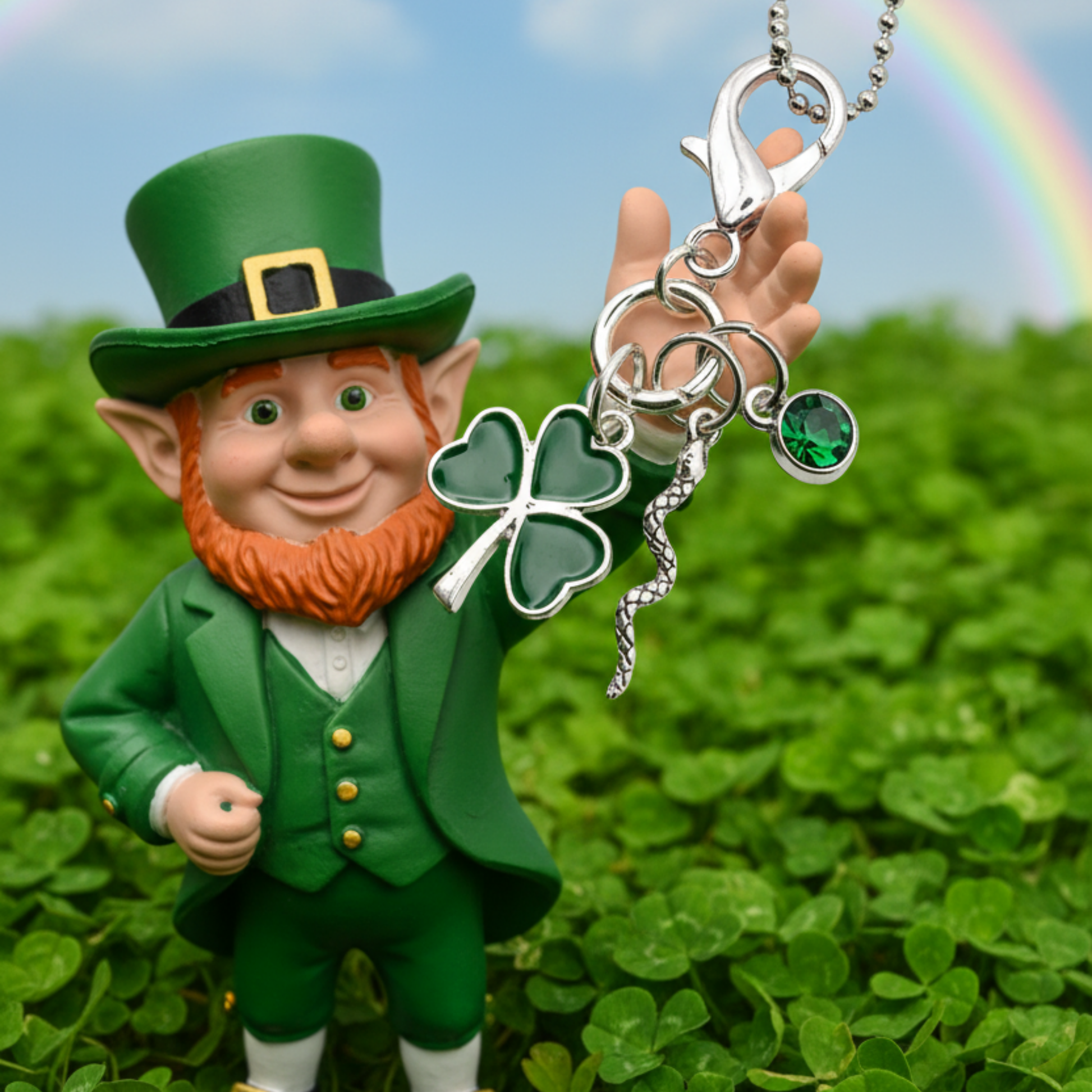Leprechaun figurine holding a charm necklace with a clover and snake and green crystal charm…standing in a field of shamrocks