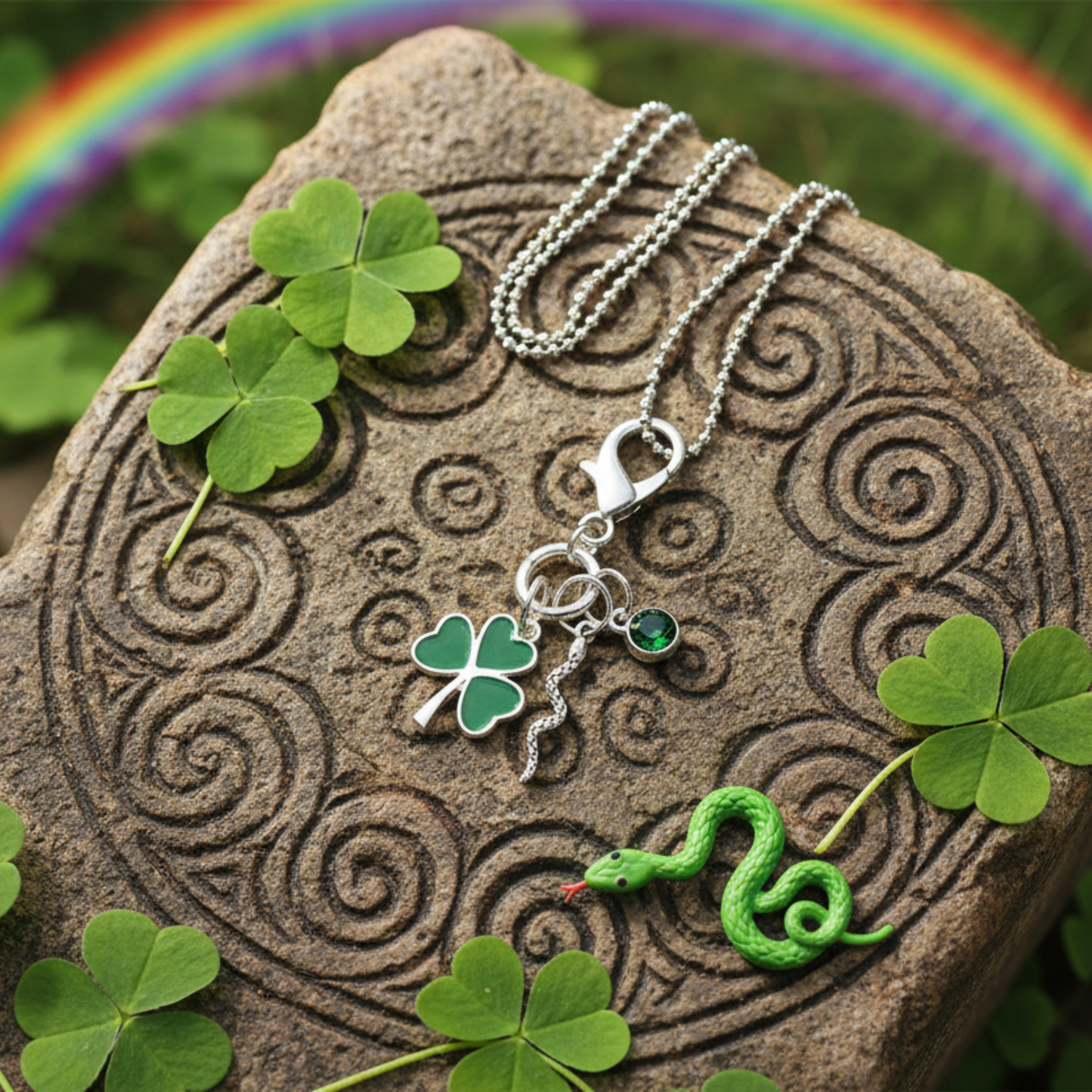 Necklace with shamrock and snake charm and a green crystal on a stone surface with shamrocks and a small cute snake and a rainbow in the background.