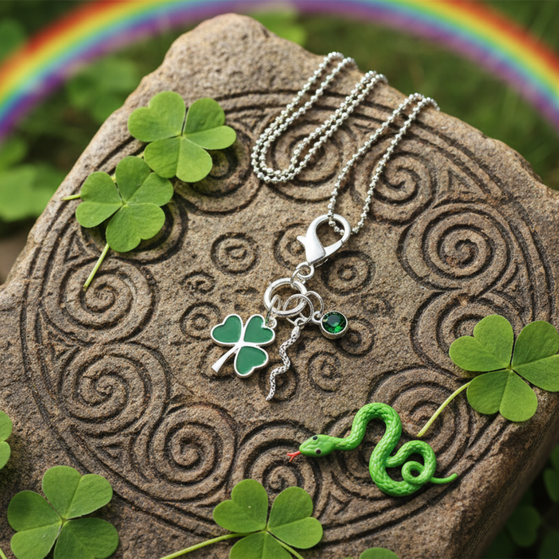 Necklace with shamrock and snake charm and a green crystal on a stone surface with shamrocks and a small cute snake and a rainbow in the background.