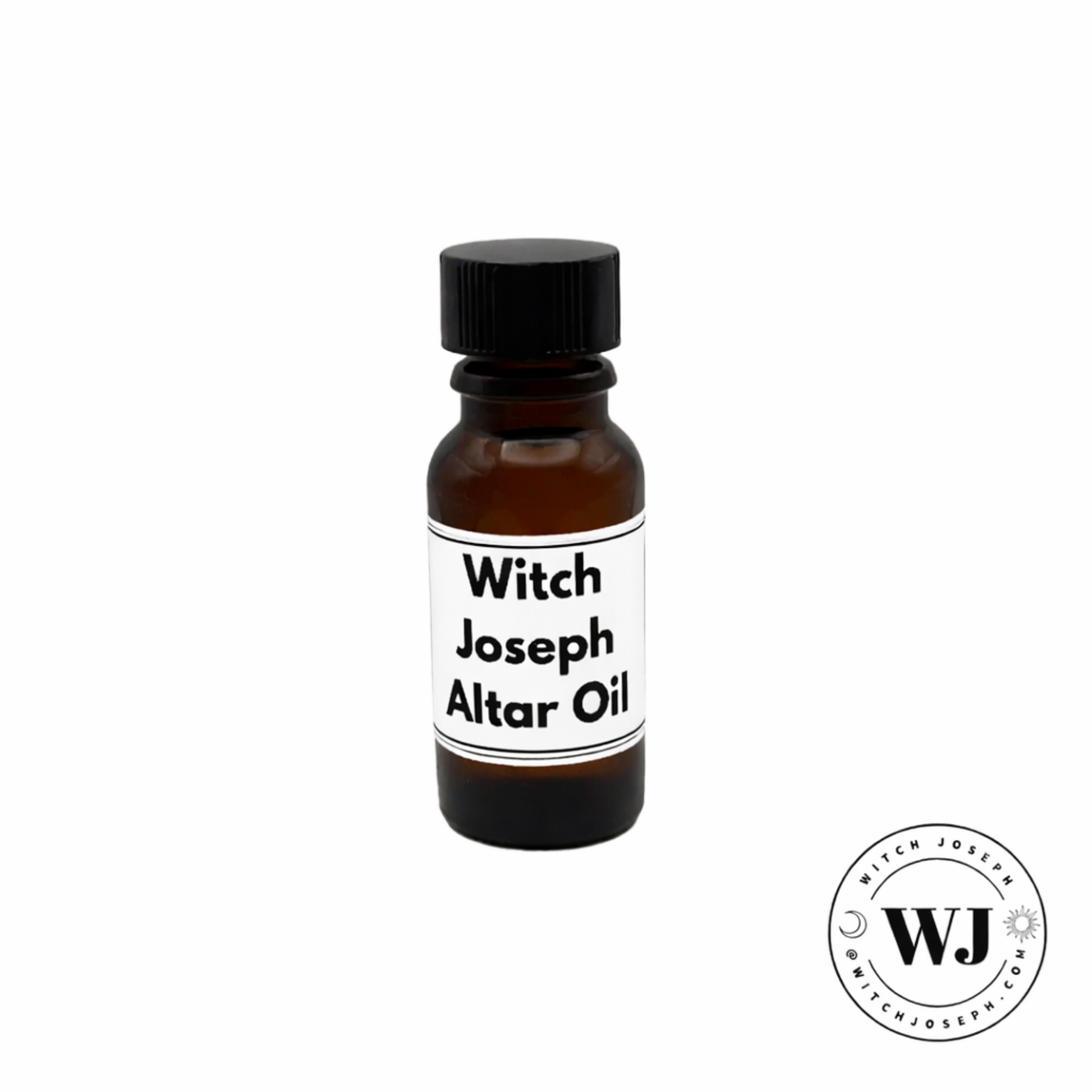 Bottle of Witch Joseph Altar Oil with a black cap displayed on a white background