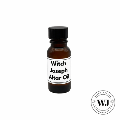 Bottle of Witch Joseph Altar Oil with a black cap displayed on a white background