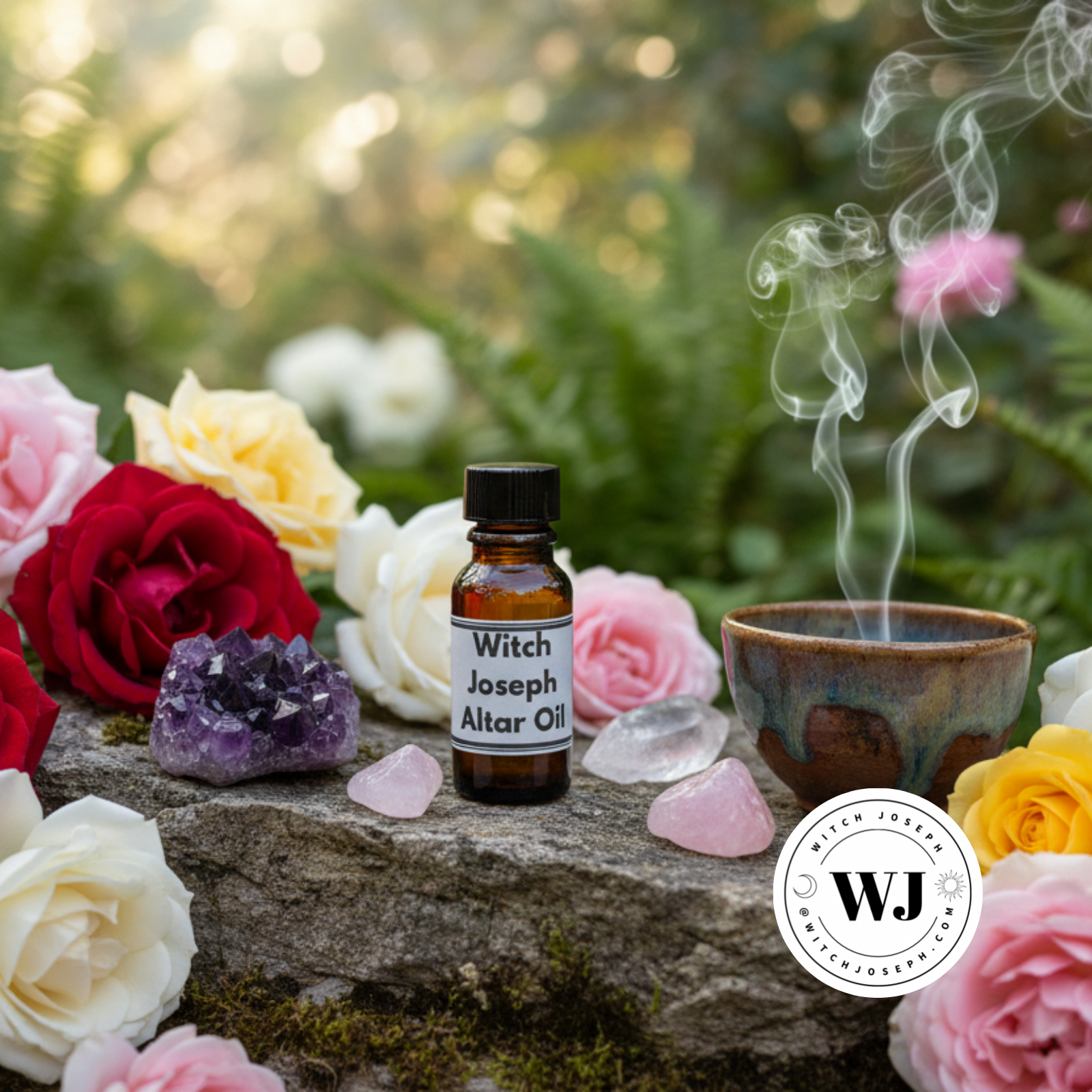 Witch Joseph Alter Oil bottle with roses and crystals and incense burning displayed on a rustic stone surface in a garden outdoors