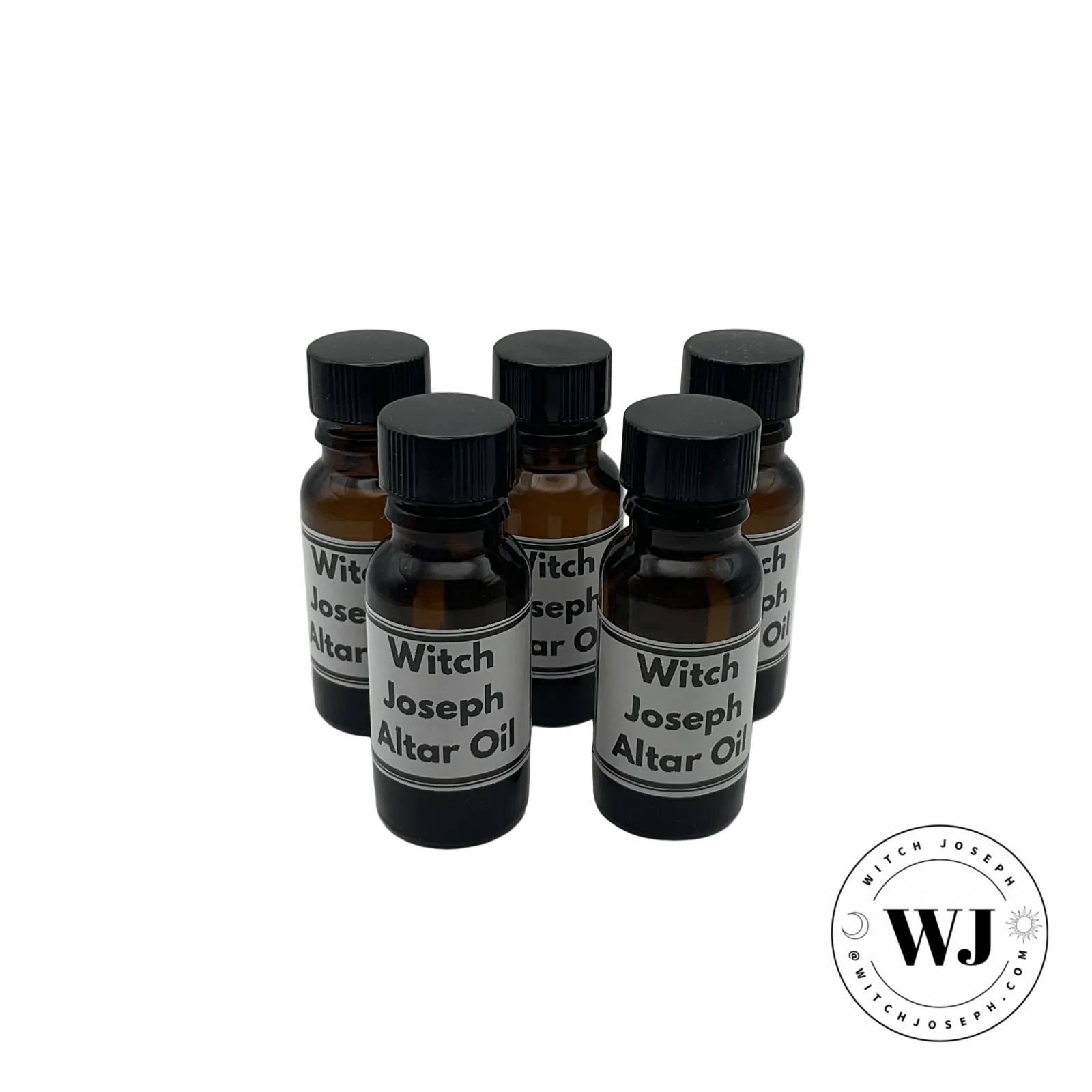 Witch Joseph Altar Oil bottles with labels displayed on a white background
