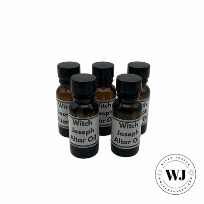 Witch Joseph Altar Oil bottles with labels displayed on a white background
