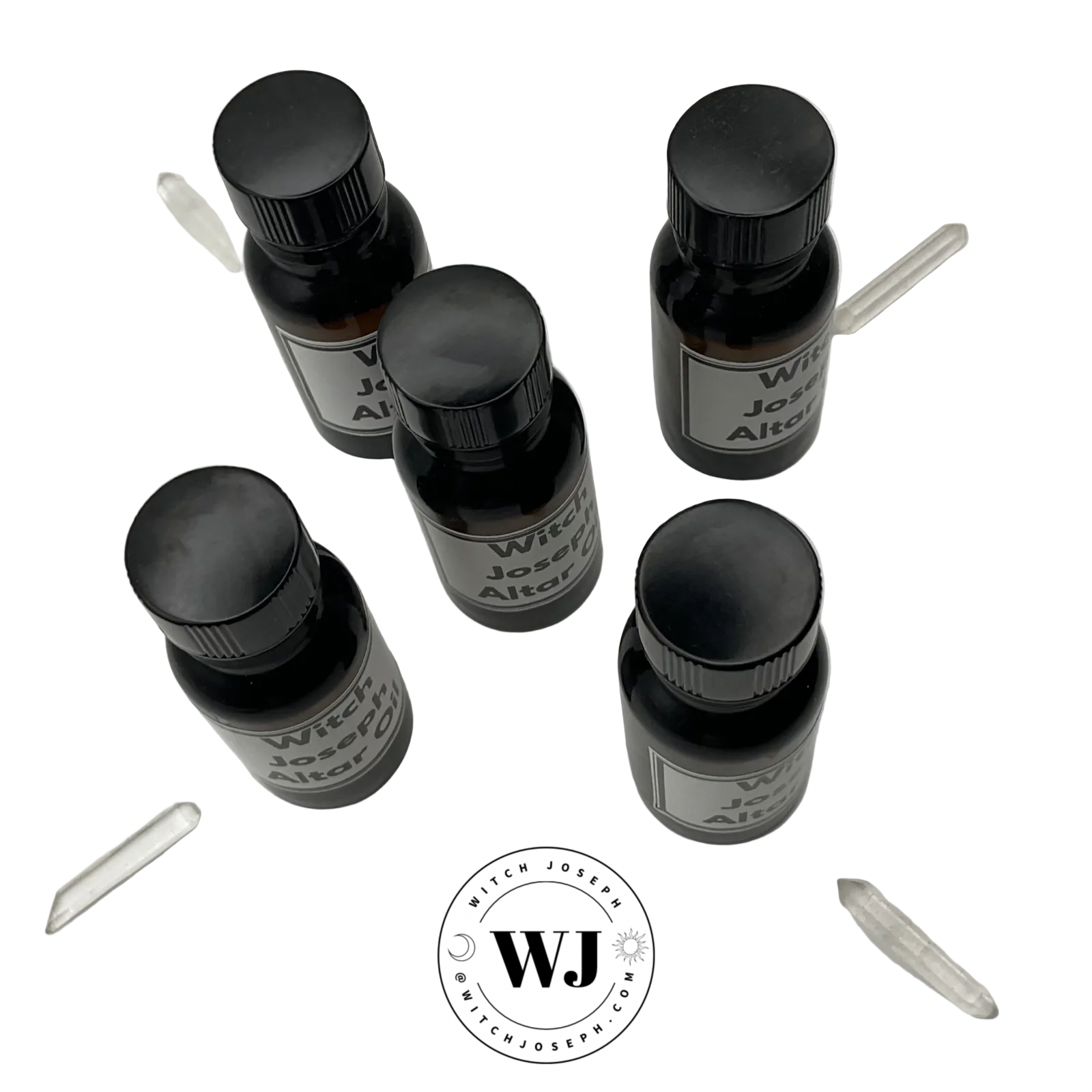 5 amber bottles of Witch Joseph altar oil bottles with labels displayed on a white background